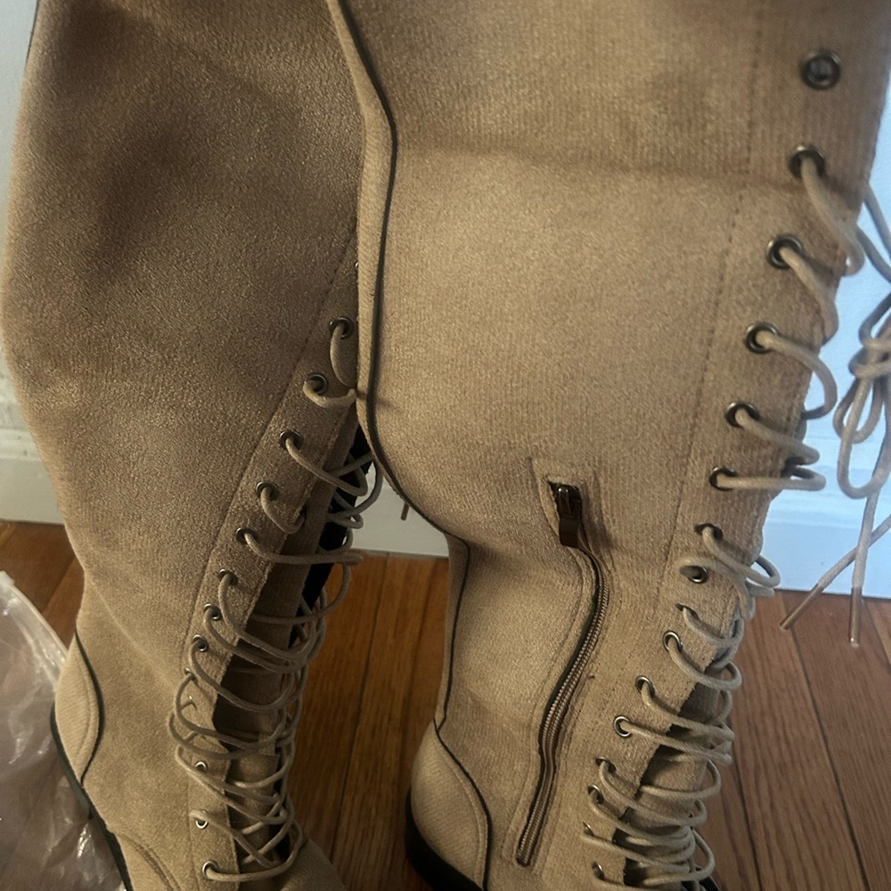SHEIN Taupe Lace-Up Knee-High Boots